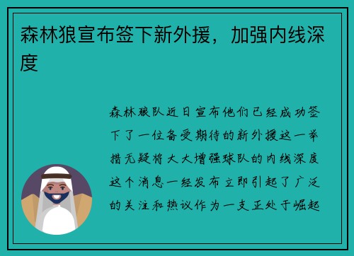 森林狼宣布签下新外援，加强内线深度